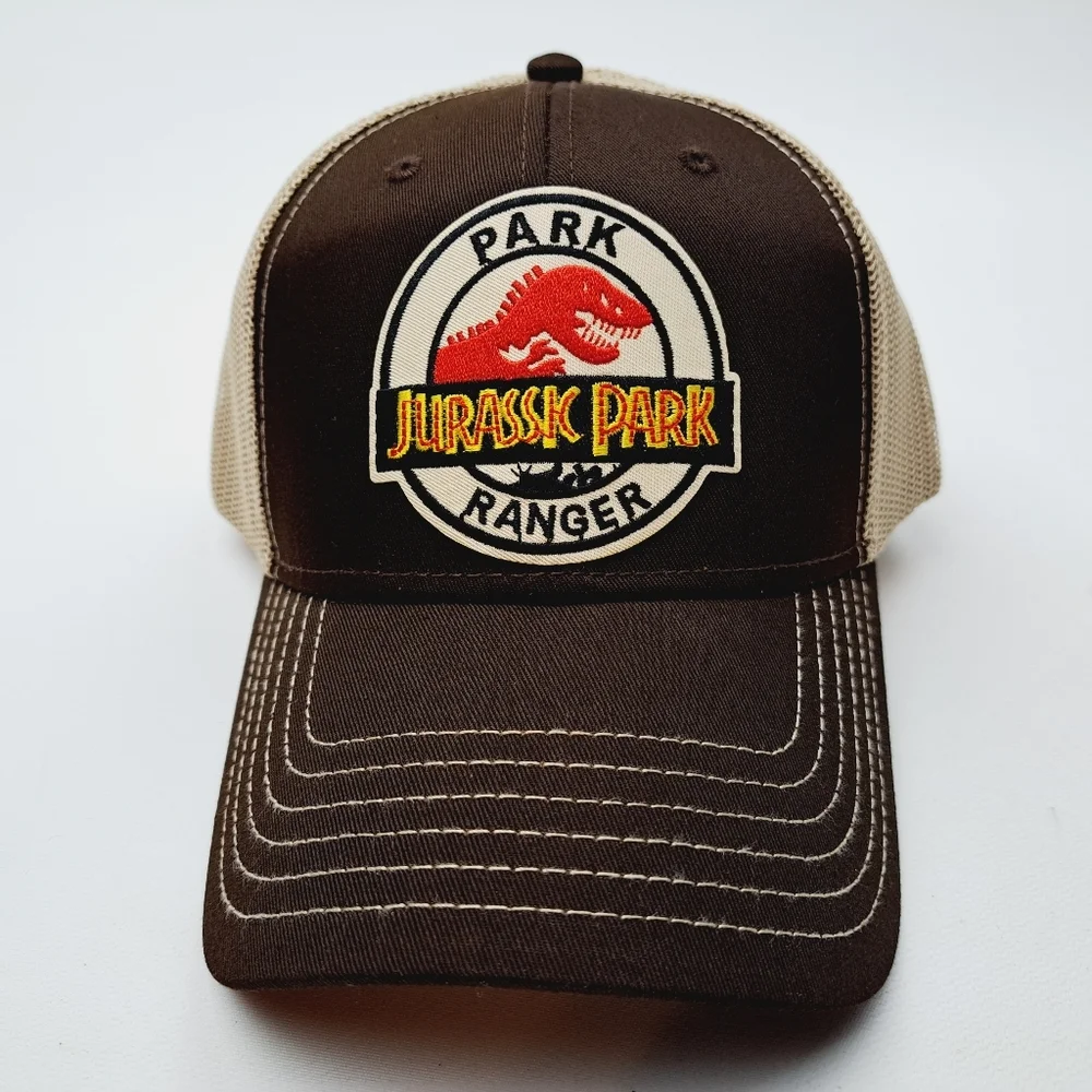 Jurassic Park Ranger Embroidered Patch Trucker Mesh Snapback Cap Hat Brown